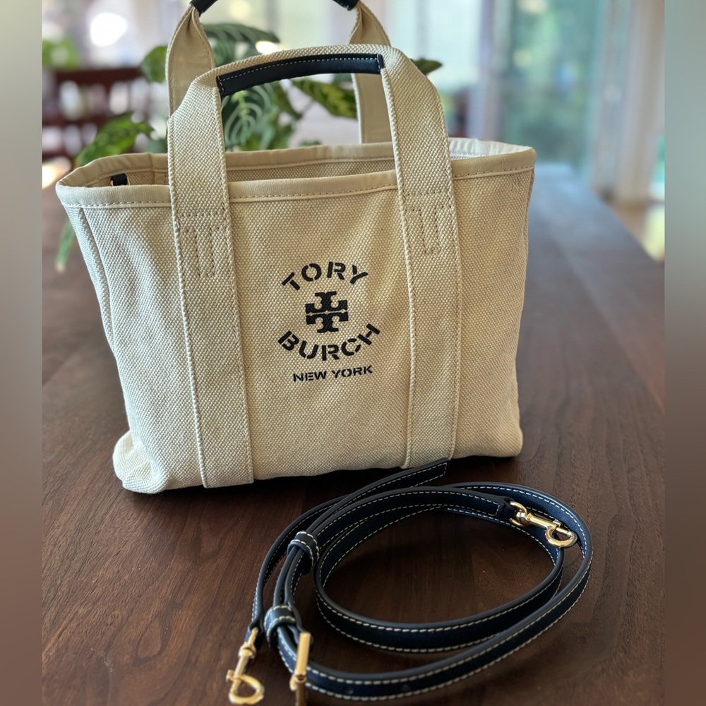 Tory Burch Cream Canvas Tote with Navy Accents